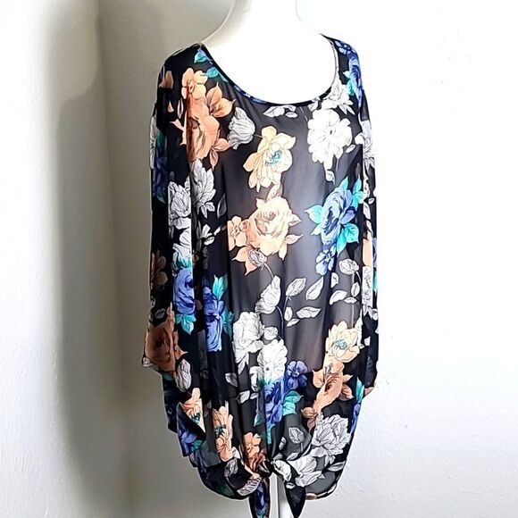 Bend Over Sheer Black Top with Colorful Flowers & Tie on the Side,  Size 2X - Picture 1 of 8
